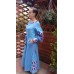 Boho Style Ukrainian Embroidered Maxi Broad Dress Light Blue with White/Blue Embroidery